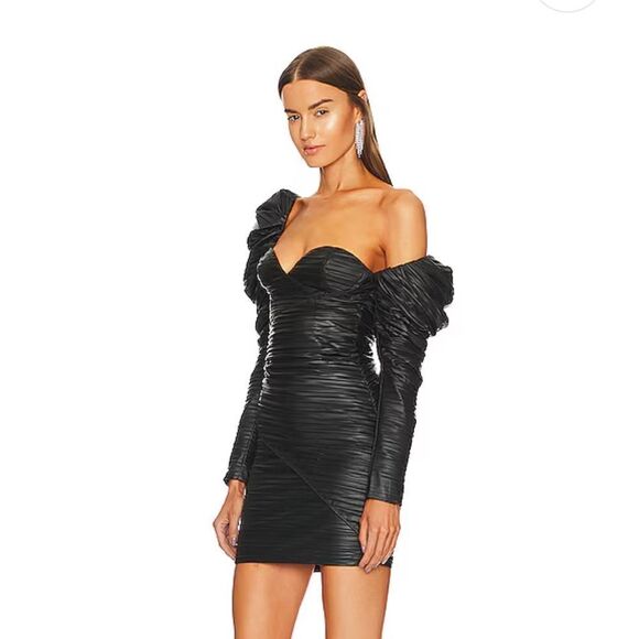 Michael Costello x Revolve Belem mini dress faux leather 80s puff sleeve party S - Picture 4 of 14